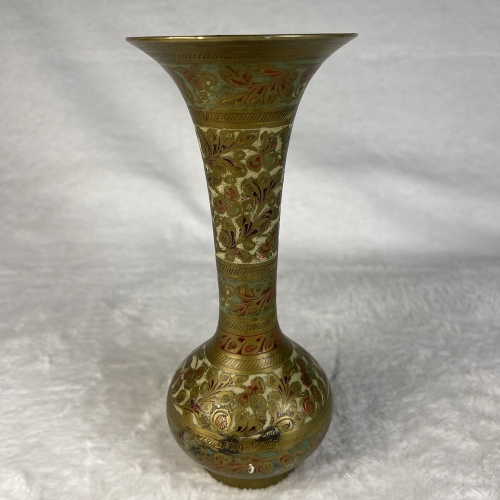 VTG Etched Brass Bud Vase India Red Floral Design Handmade 7" Ornate Patina